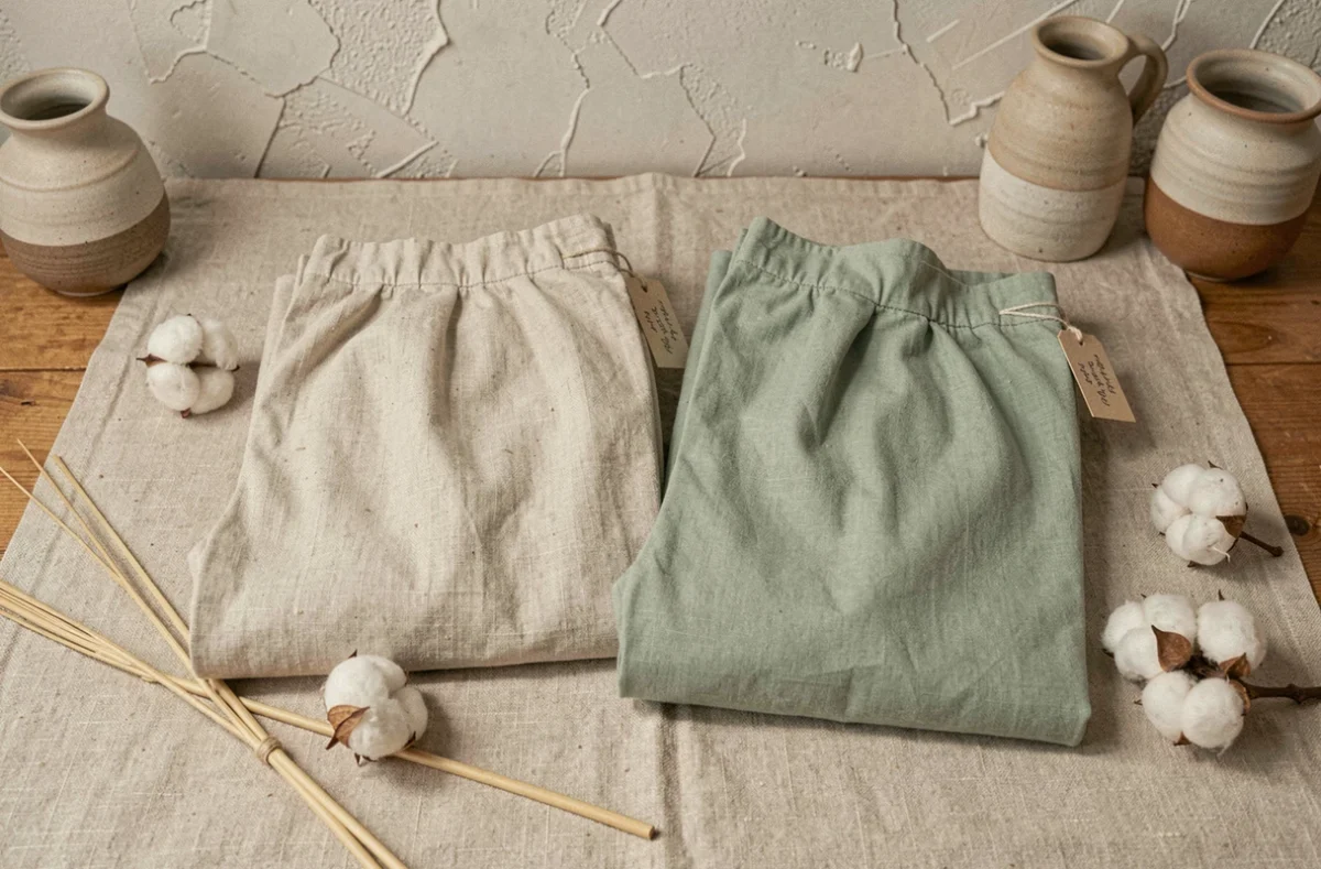 Comparaison de deux sarouels pliés, l'un en lin brut et l'autre en coton bio vert sauge, avec des matières naturelles en décoration sur fond d'atelier artisanal
