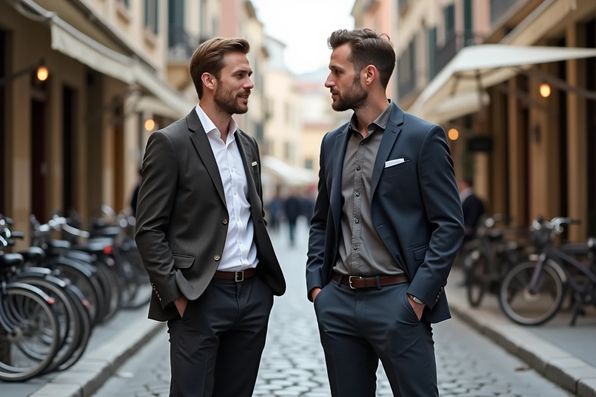 Deux hommes de tailles différentes comparant le rendu des vêtements IKKS en ville