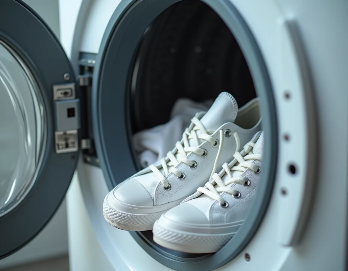 Paire de Converse blanches placées dans le tambour d'une machine à laver pour un lavage en machine