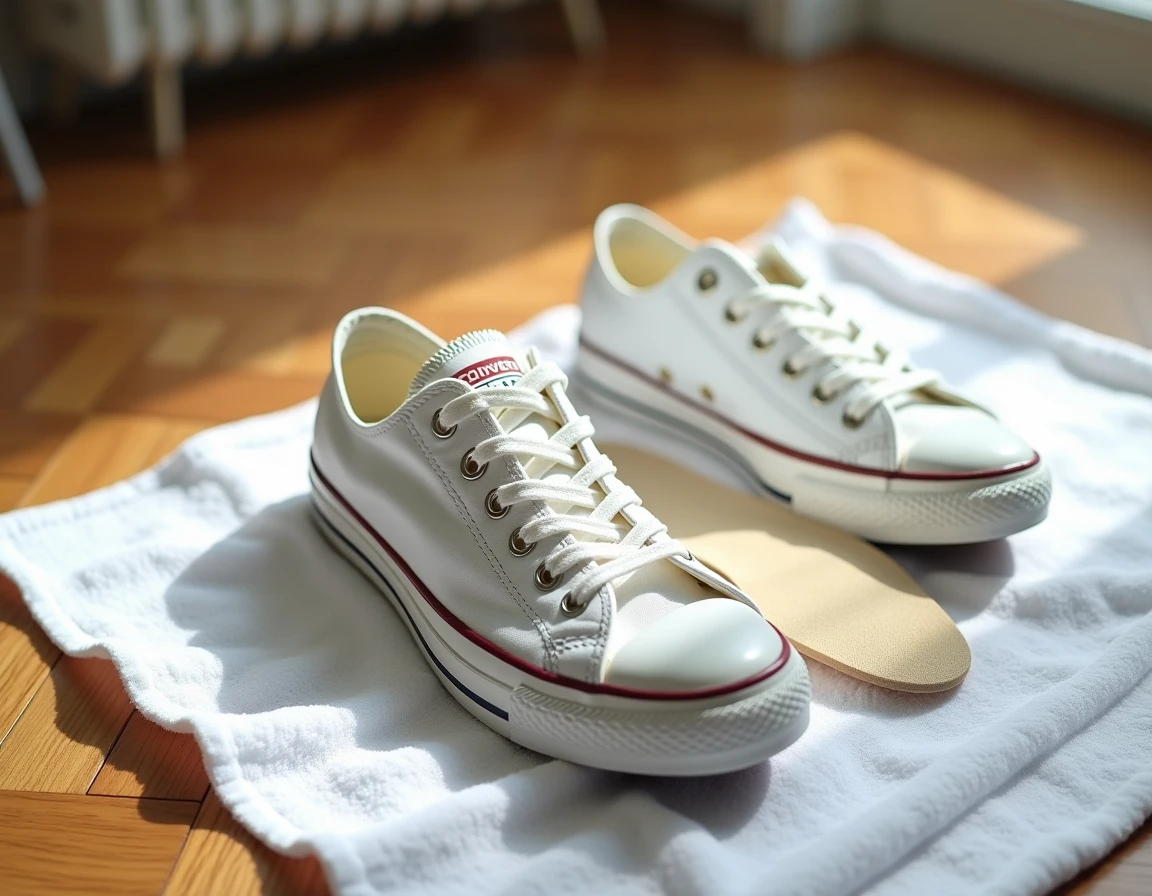 Converse blanches fraîchement lavées en machine séchant à plat sur une serviette après le lavage
