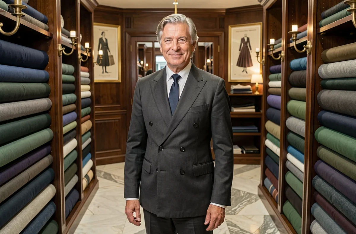 Client portant un costume sur mesure élégant dans la boutique Costumes Spinelli