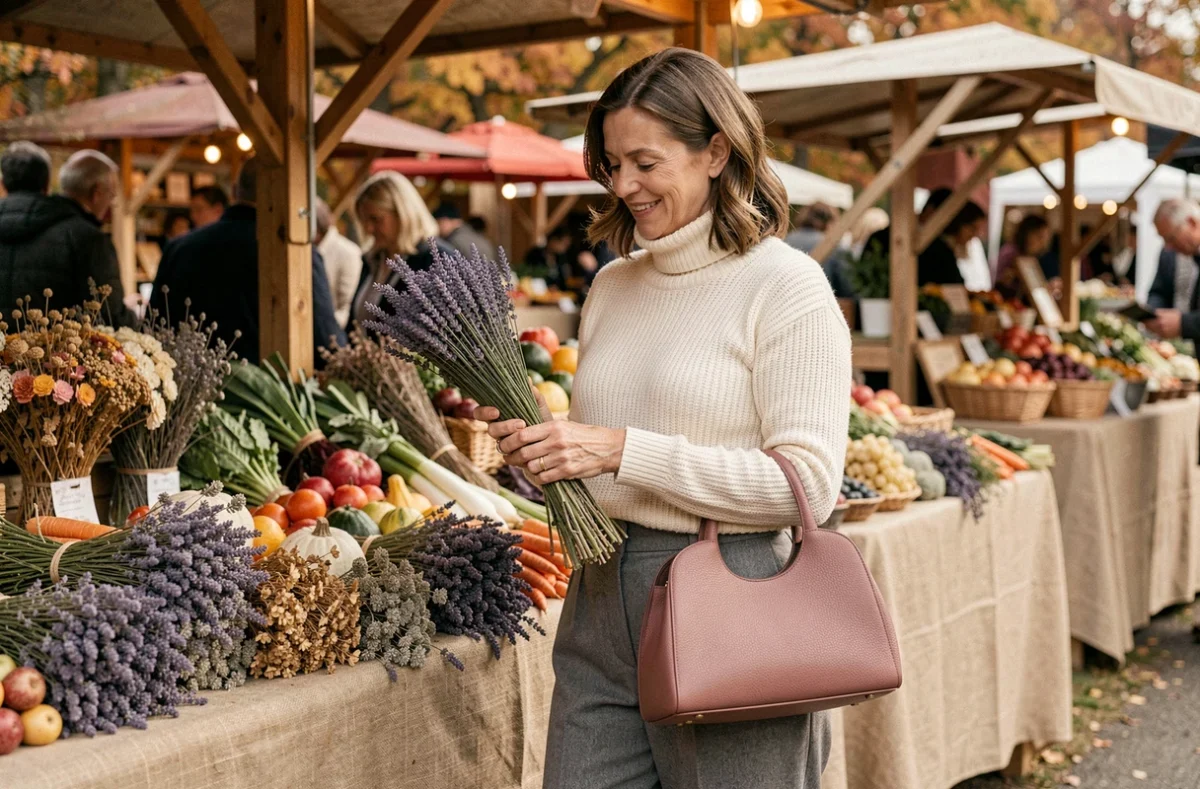 Femme au marché du week-end tenant un sac en cuir rose poudré texturé, exemple de couleur sac tendance 2026 élégante et polyvalente du quotidien