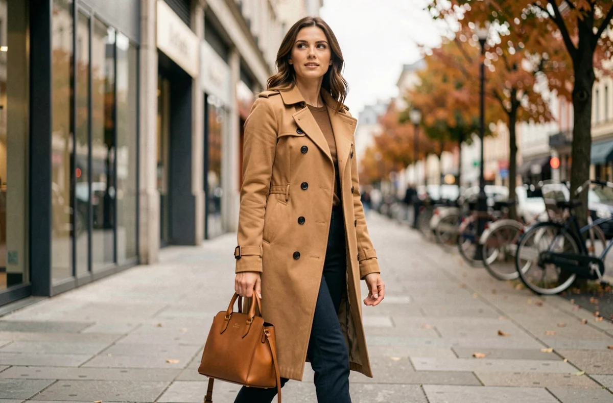 Femme en manteau camel portant un sac en cuir cognac dans une rue urbaine européenne, illustration de la couleur sac tendance 2026 polyvalente ville