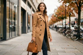 Femme en manteau camel portant un sac en cuir cognac dans une rue urbaine européenne, illustration de la couleur sac tendance 2026 polyvalente ville