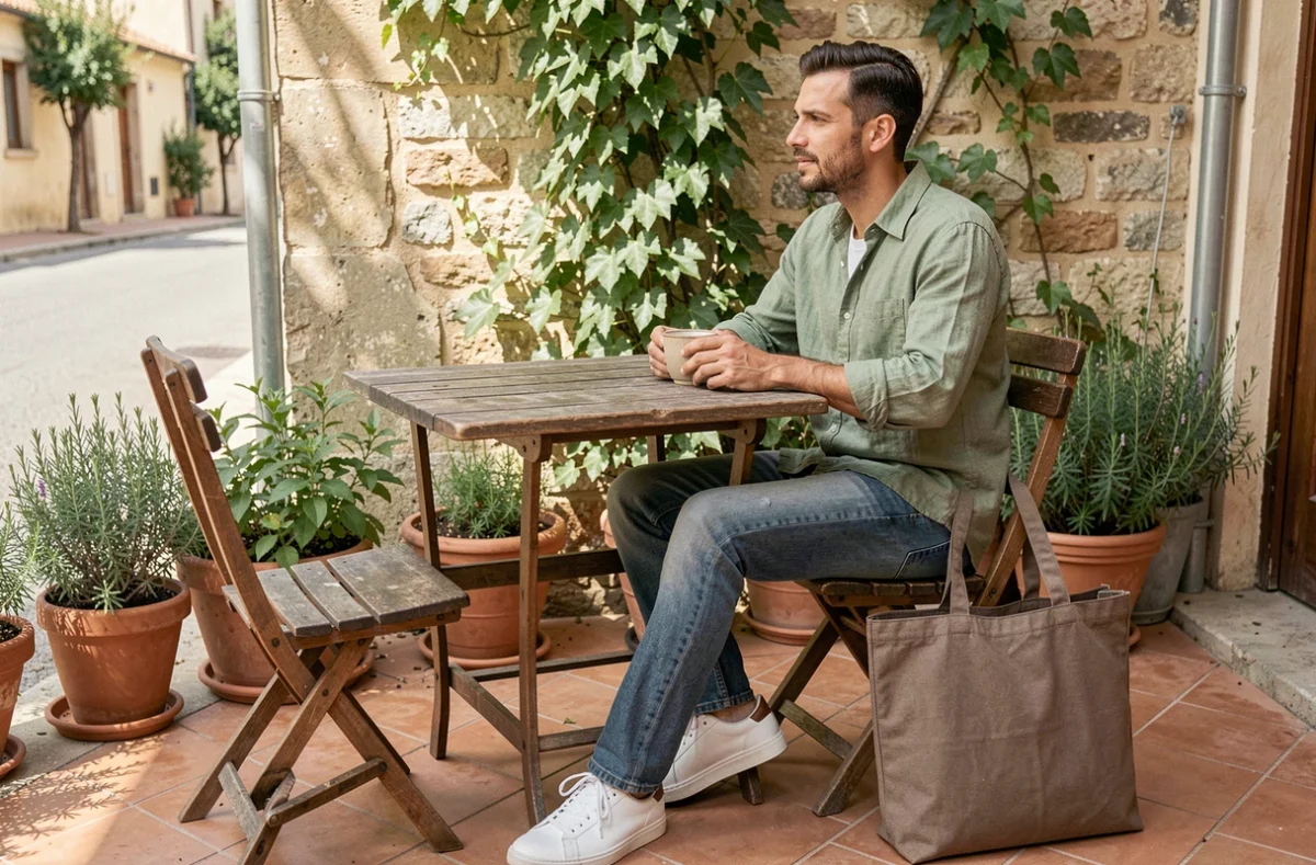 Homme décontracté en terrasse de café avec un sac tote en toile taupe posé contre sa chaise, idée couleur sac polyvalent tendance 2026 pour le week-end