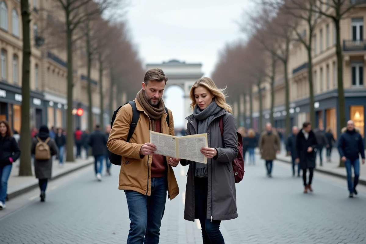 Couple consultant une carte devant les boutiques des Champs-Élysées avec l'Arc de Triomphe en arrière-plan