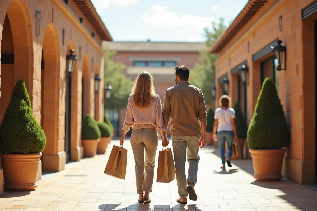 Couple se promenant dans les allées en plein air du centre outlet Macarthur Miramas avec des sacs shopping de marques