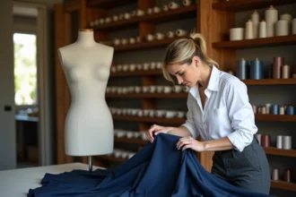 Couturière professionnelle épinglant l'ourlet d'une robe de soirée bleu marine sur un mannequin dans un atelier de couture à Nice