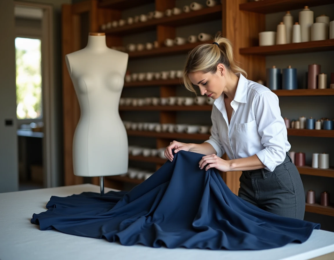 Couturière professionnelle épinglant l'ourlet d'une robe de soirée bleu marine sur un mannequin dans un atelier de couture à Nice