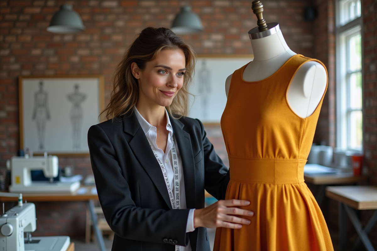 Couturiere ajustant un mannequin dans son atelier de mode