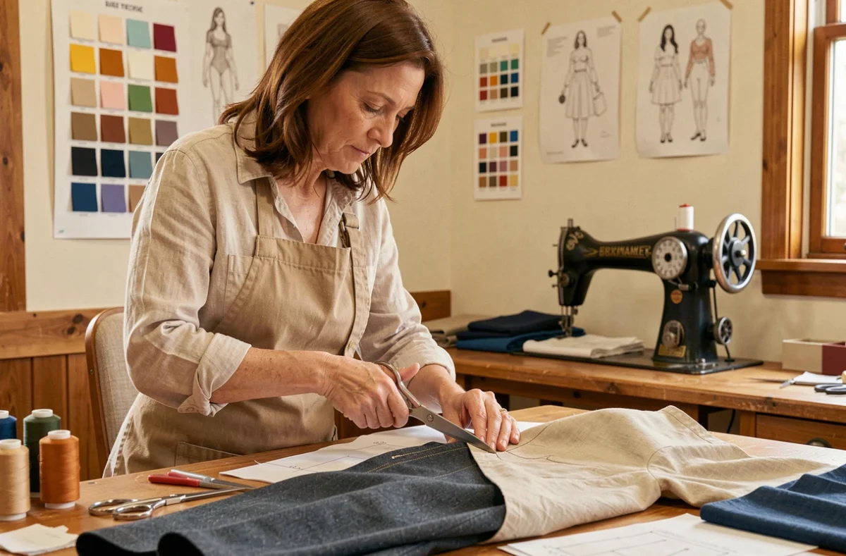 Couturière effectuant une retouche précise sur une veste dans l'atelier Création et Retouche