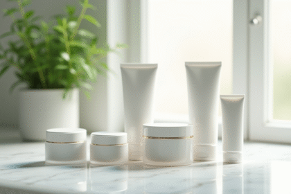 Vase de crèmes hydratantes élégantes sur un comptoir blanc
