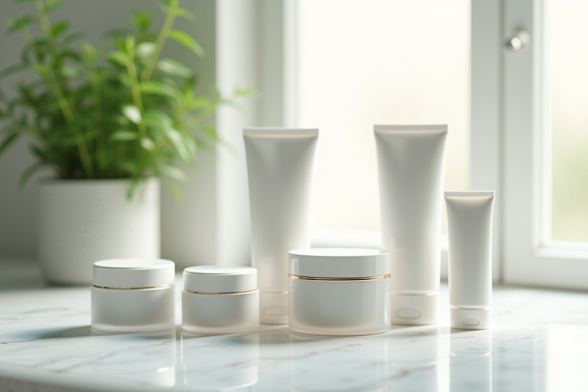 Vase de crèmes hydratantes élégantes sur un comptoir blanc