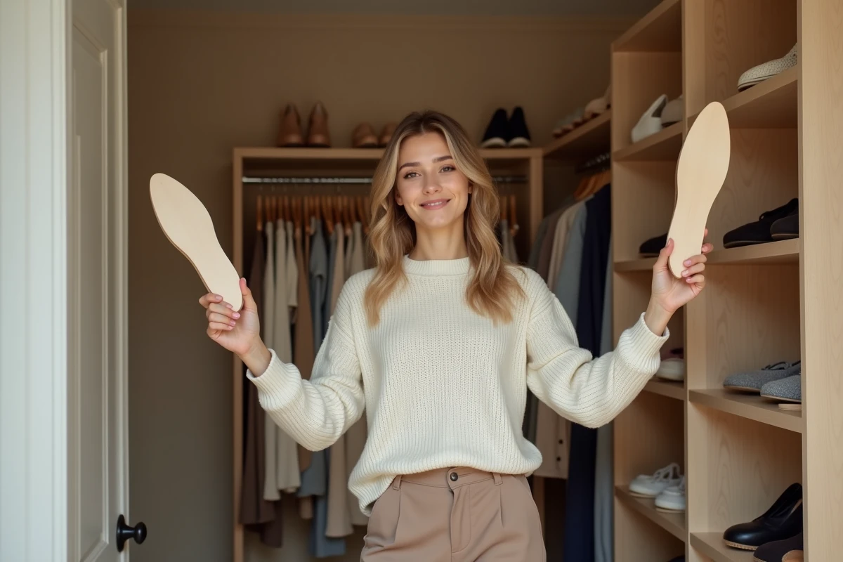 Jeune femme dans un dressing moderne tient deux embauchoirs en bois et plastique