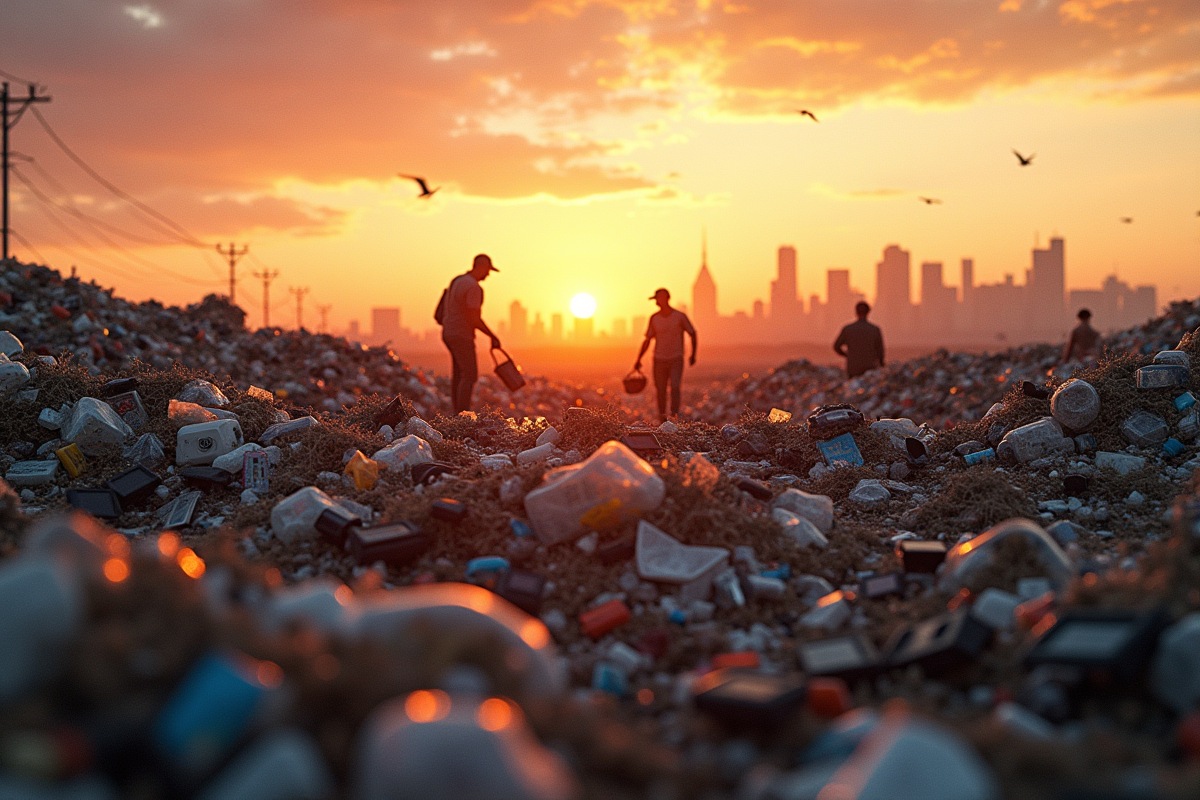 Décharge de déchets plastiques et électroniques au coucher du soleil