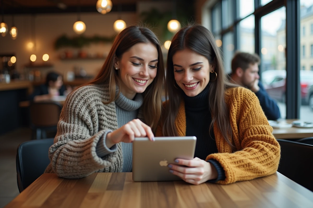 Deux femmes découvrant ensemble un site de créatrice avec contenu exclusif dans un café urbain