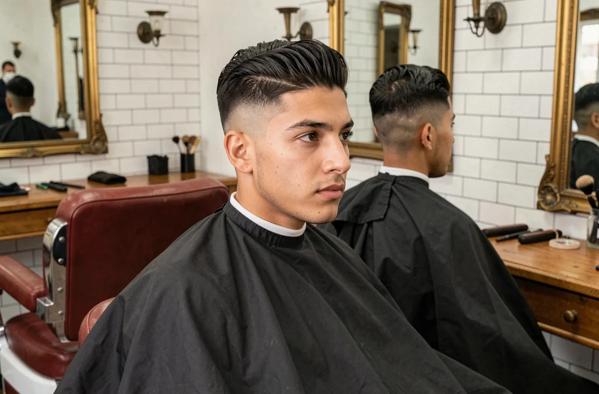 Homme hispanique avec un dégradé espagnole ultra net dans un salon de coiffure barbershop vintage, vue 3/4 face