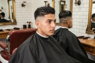 Homme hispanique avec un dégradé espagnole ultra net dans un salon de coiffure barbershop vintage, vue 3/4 face