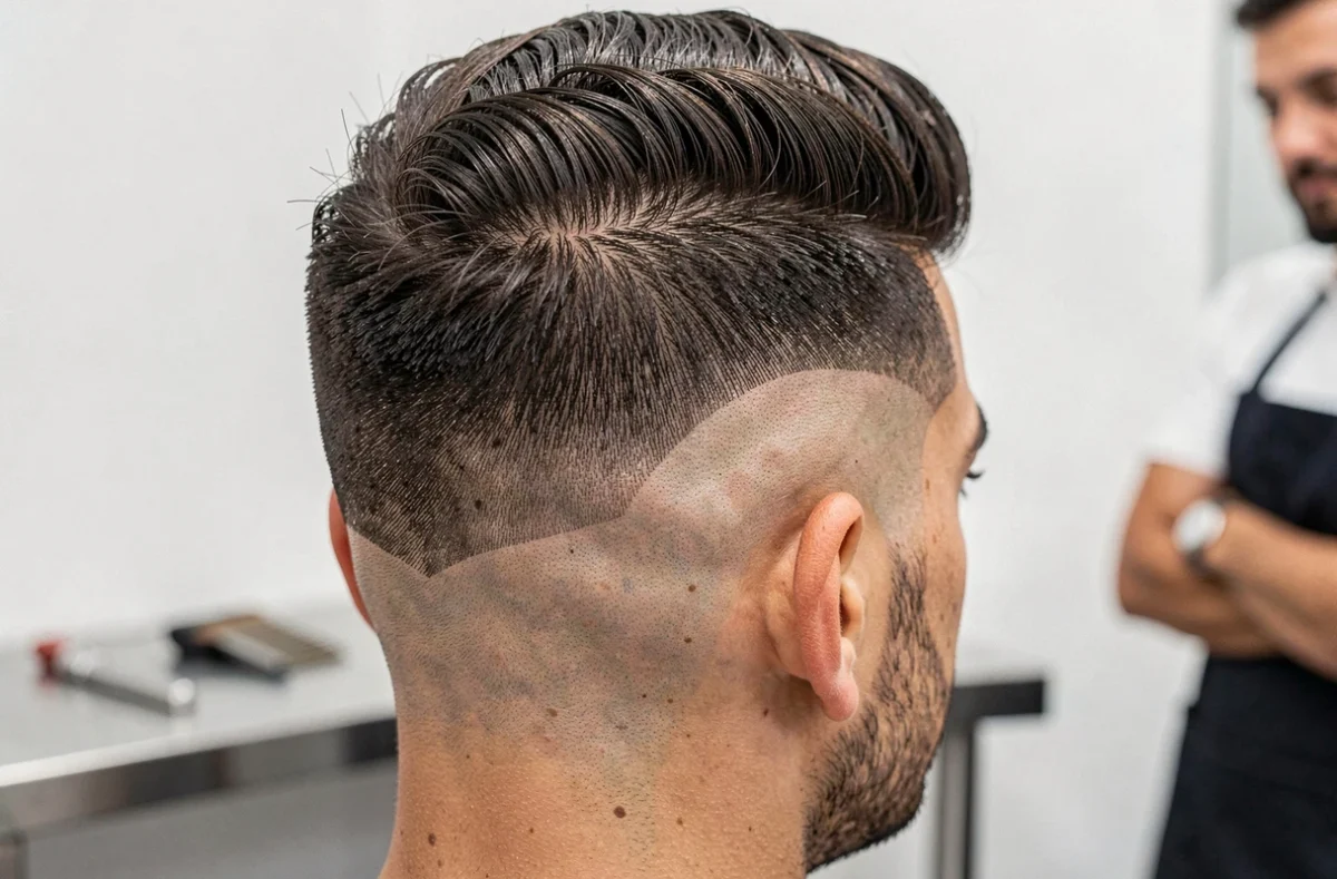 Gros plan sur un dégradé espagnole homme vu de dos, fondu peau impeccable et dégradé précis réalisé par un barbier