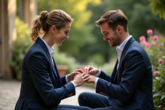 Homme en costume posant une bague de fiançailles sur la main de sa partenaire