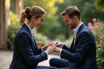 Homme en costume posant une bague de fiançailles sur la main de sa partenaire
