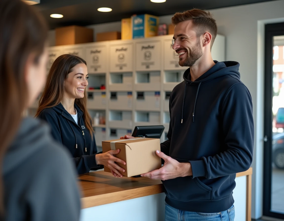 Remise d'un colis Vinted au comptoir d'un point relais par un vendeur particulier, dépôt de livraison en magasin
