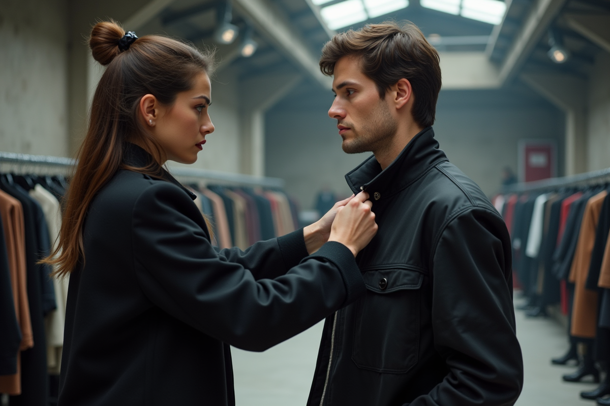 Créatrice en backstage ajustant un vêtement de mode