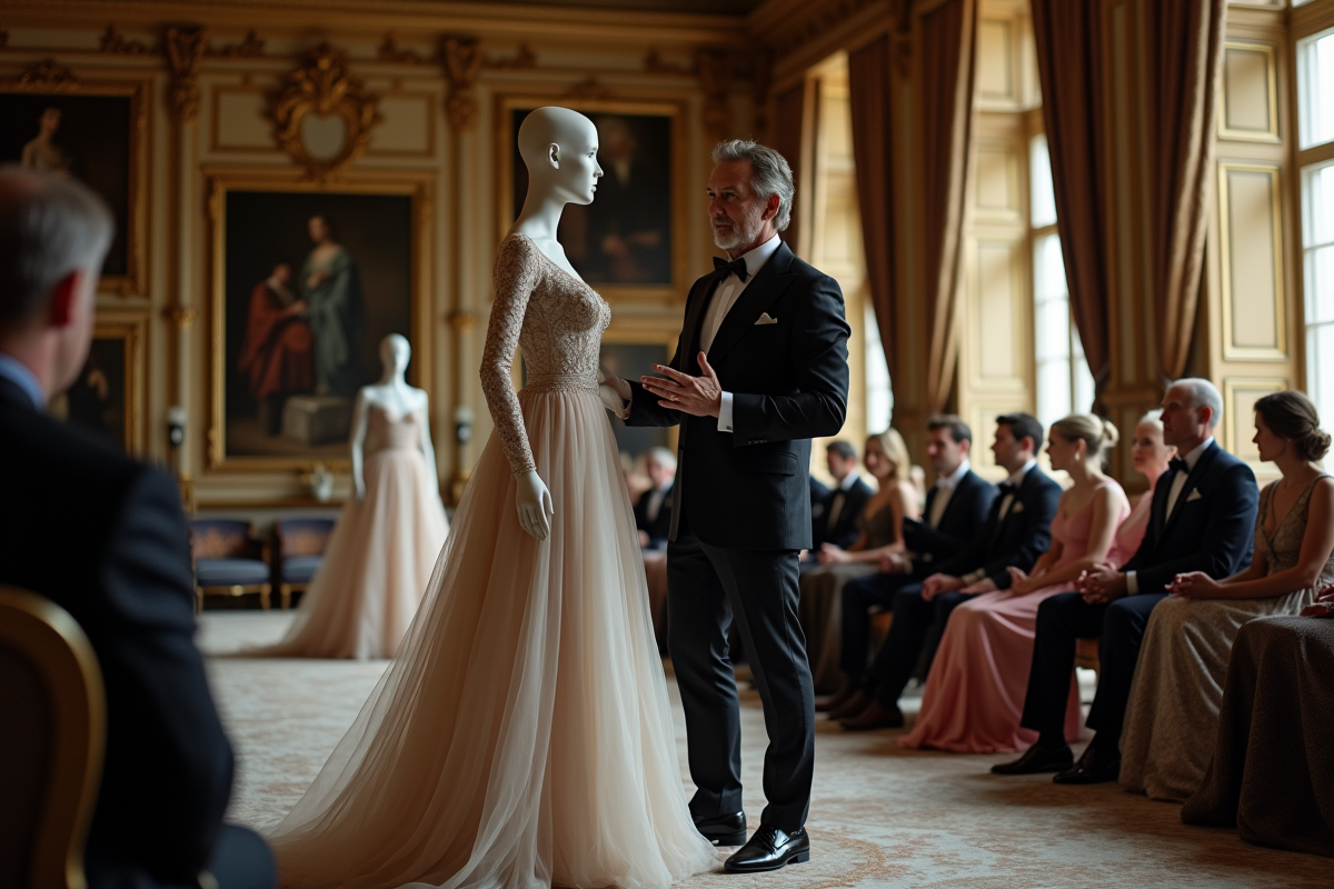 Designer présentant une robe haute couture dans une salle ornée