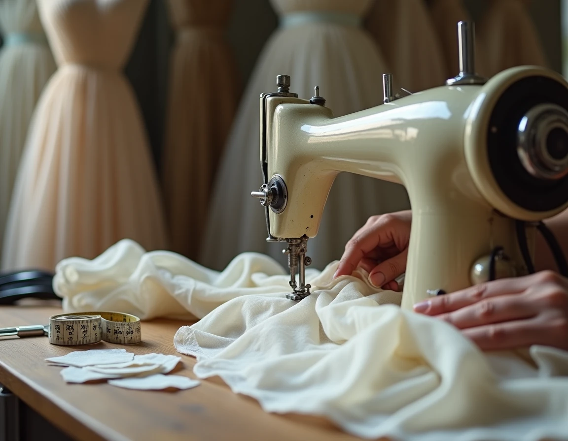Gros plan sur les mains d'une couturière cousant un ourlet en mousseline ivoire sur une machine à coudre vintage dans un atelier de couture à Nice