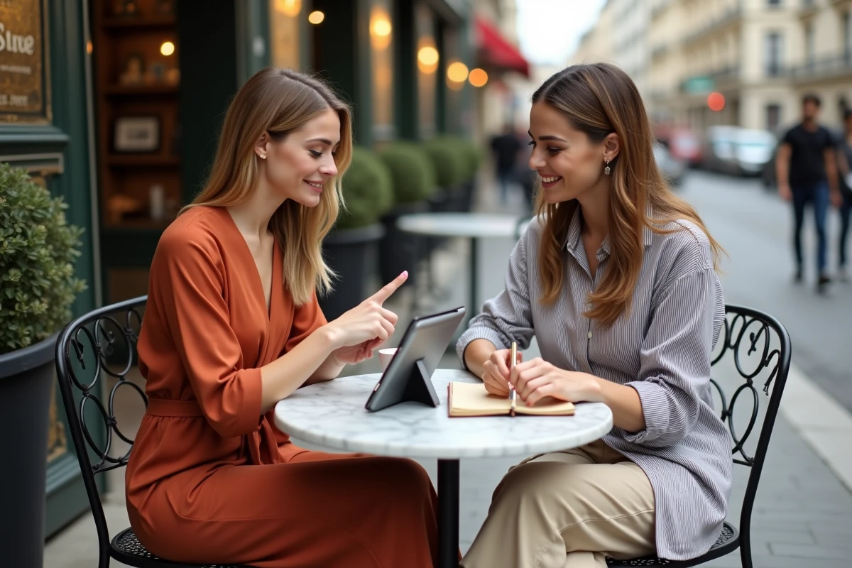 Deux amies analysant un profil mode sur Instagram en terrasse de café parisien pour s'inspirer de tendances vestimentaires sans les copier