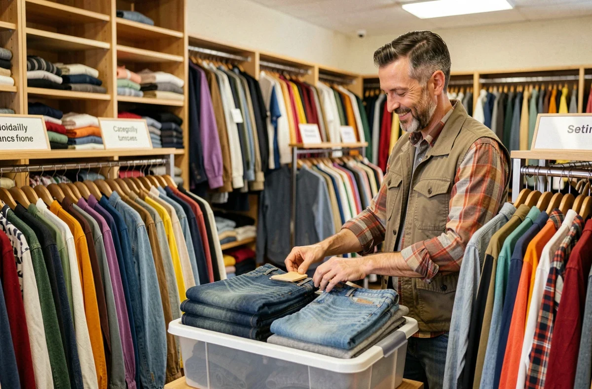 Un bénévole triant des vêtements de seconde main dans le magasin solidaire EBS Le Relais Nord-Pas-de-Calais
