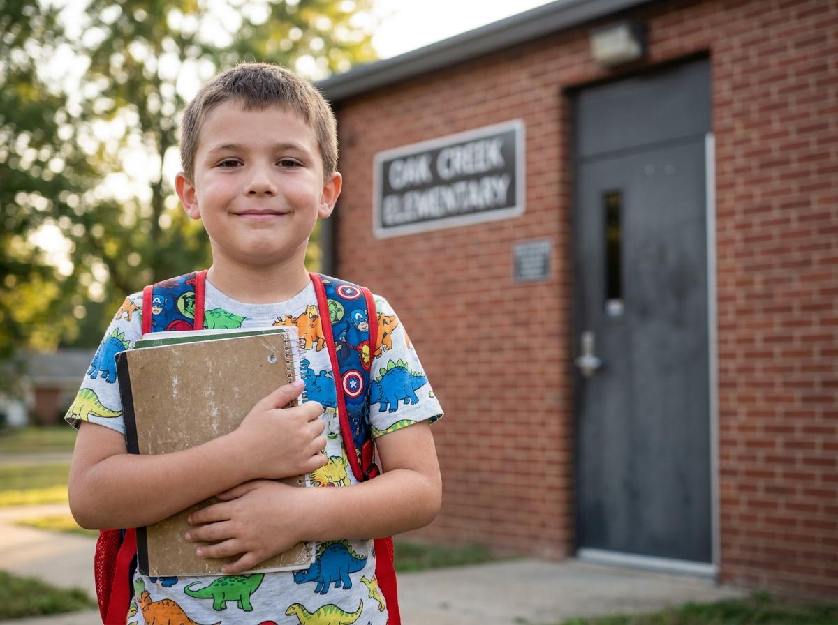 Garçon en tenue de rentrée avec t-shirt dinosaure et sac à dos super-héros devant une école