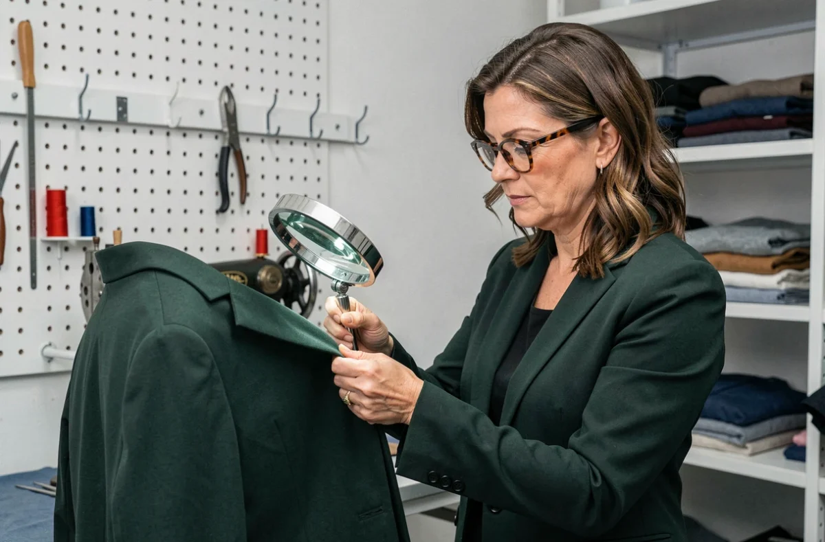 Retoucheuse d'Elvira Retouches Vêtements à Rouen inspectant une couture sous une lampe loupe dans son atelier