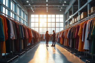 Intérieur d'un entrepôt de vêtements modernes avec rayons colorés et lumière naturelle