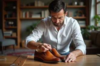 Homme appliquant soin cuir sur babouches en intérieur