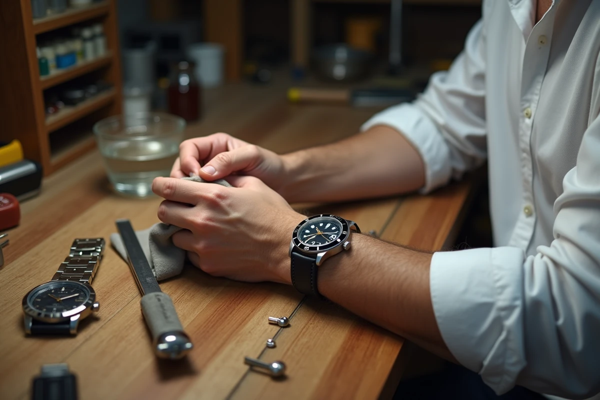 Homme entretenant une montre personnalisable avec un chiffon microfibre sur un établi en bois