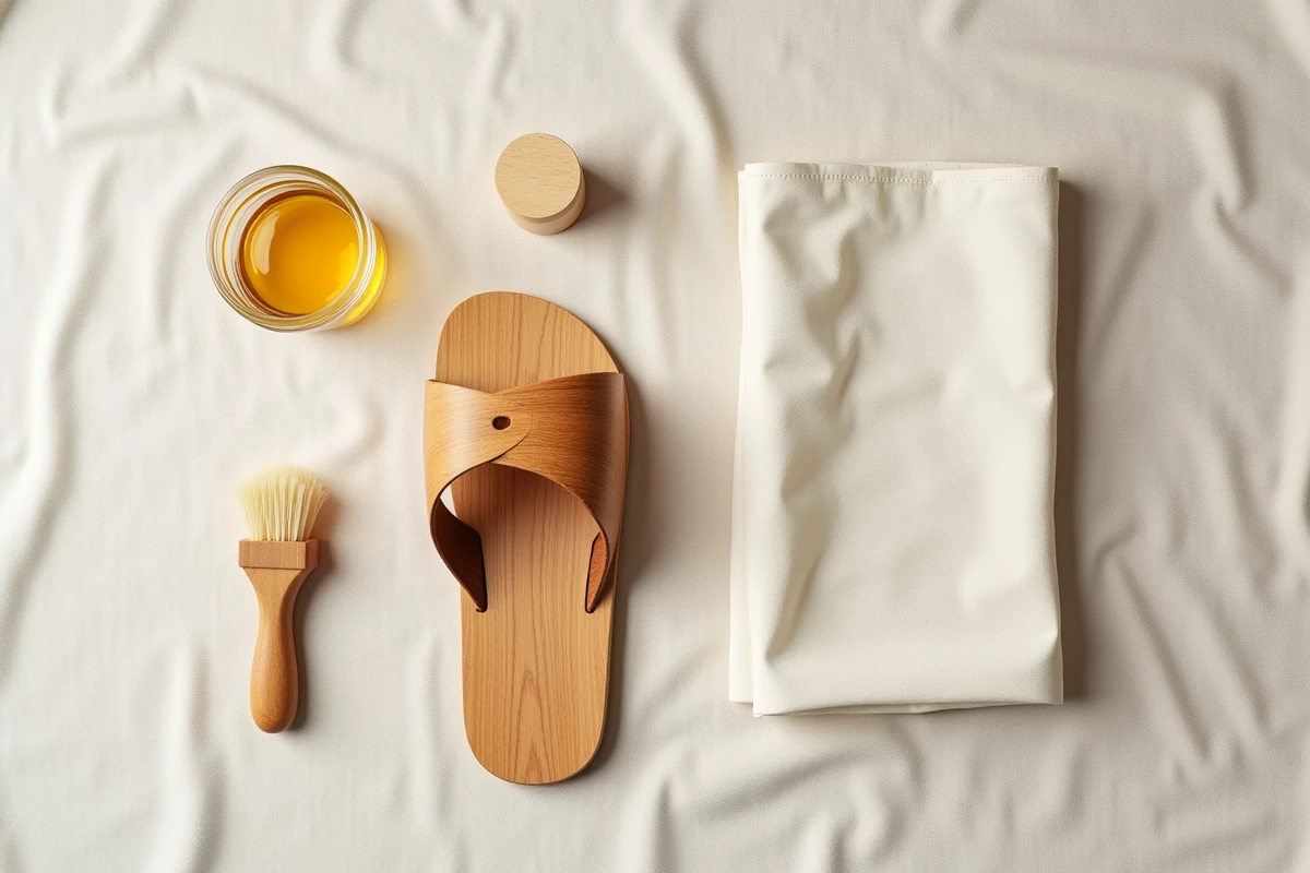 Plat pose d'une sandale geta en bois avec une brosse, un flacon d'huile d'entretien et un chiffon coton pour l'entretien quotidien