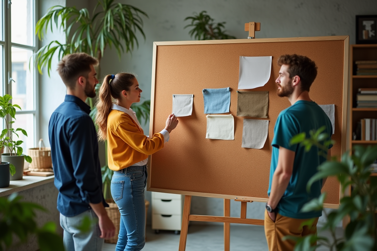 Groupe de créatifs pinçant des échantillons de tissu dans un studio lumineux