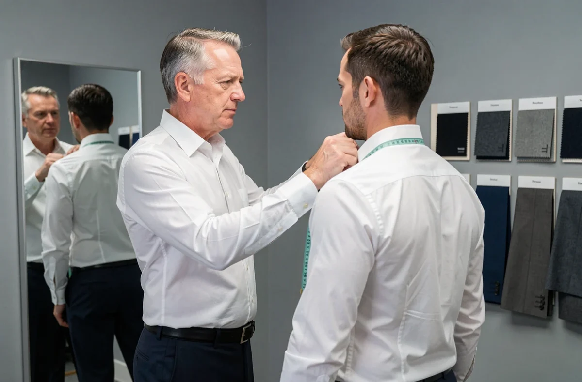 Tailleur professionnel prenant les mesures d'un client en costume d'entreprise chez Esquad Pro