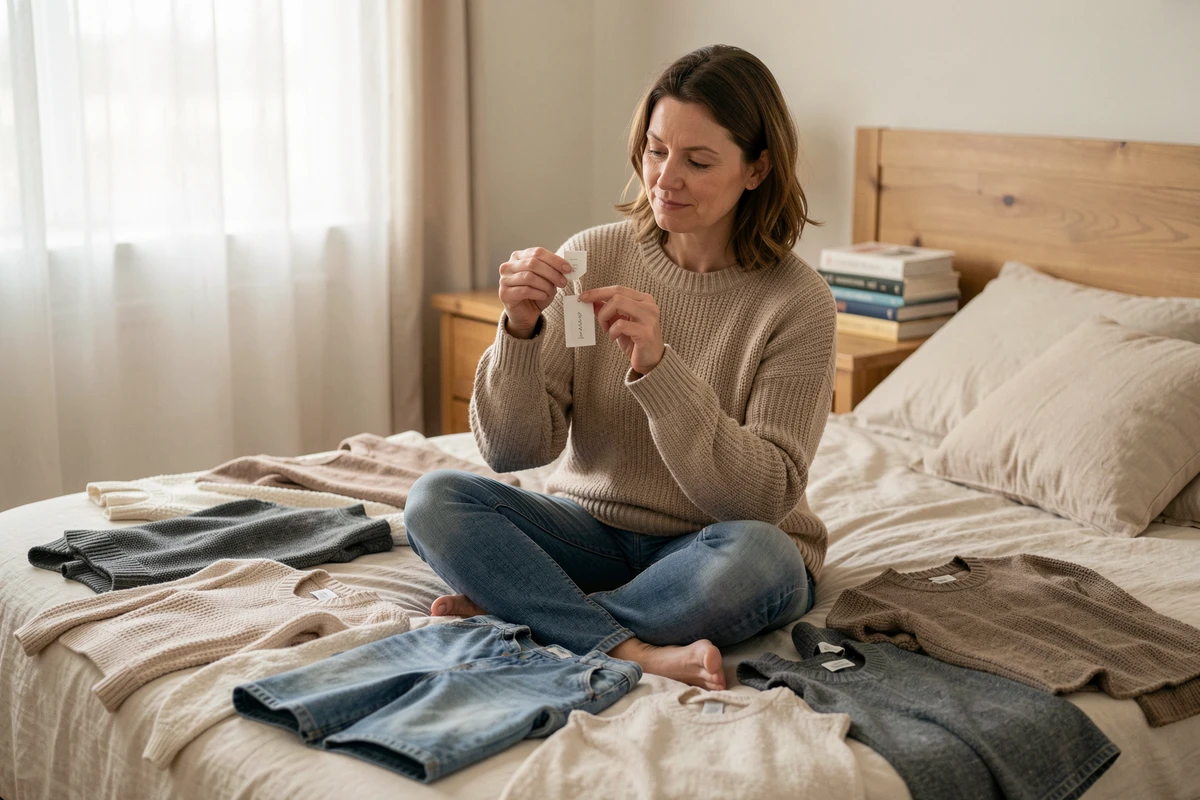 Femme regardant une étiquette de taille de vêtement avec un sourire pensif, assise sur un lit entouré de tenues, symbole de la remise en question des standards de taille dans la mode
