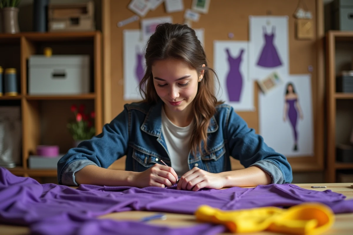 Cosplayeuse en train de fabriquer un costume Totally Spies violet dans son atelier de création maison