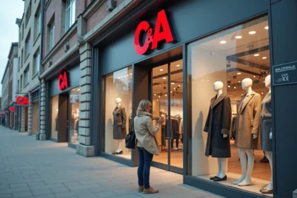 Façade extérieure du magasin C&A dans une zone commerciale du nord de la France avec une cliente devant l'entrée