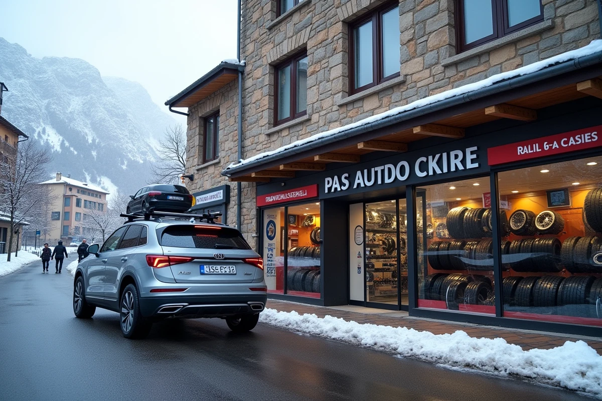 Devanture d'un magasin de pneus et auto au Pas de la Case avec les montagnes des Pyrénées en arrière-plan