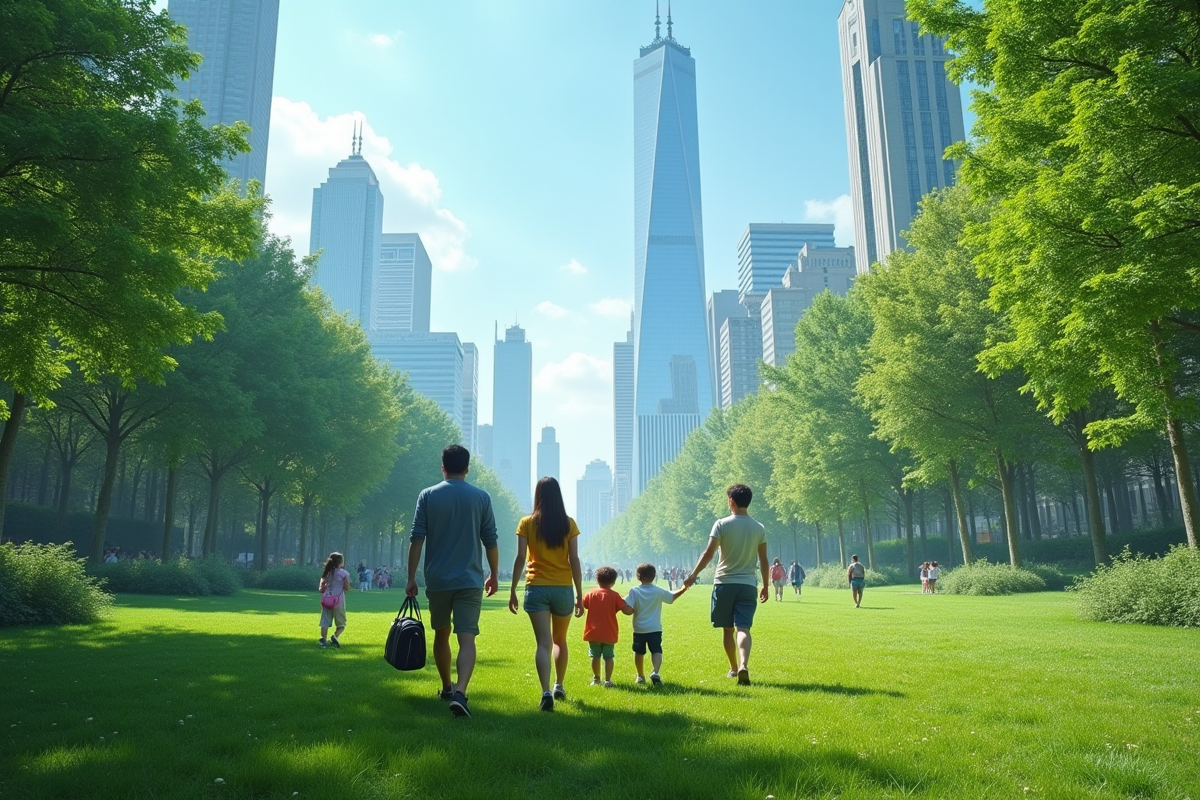 Famille marchant dans un parc urbain avec gratte-ciel en arrière-plan