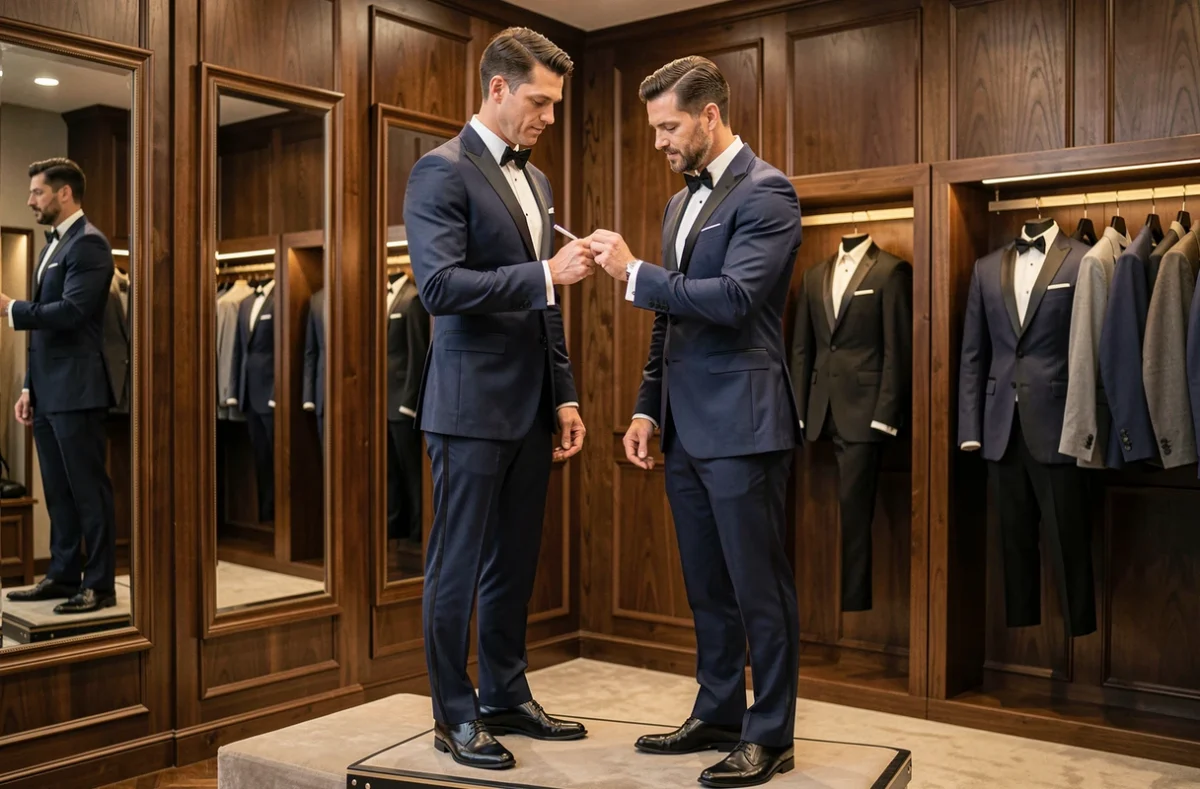 Un homme essaie un costume de cérémonie avec l'aide d'un conseiller chez Father and Sons à Tours