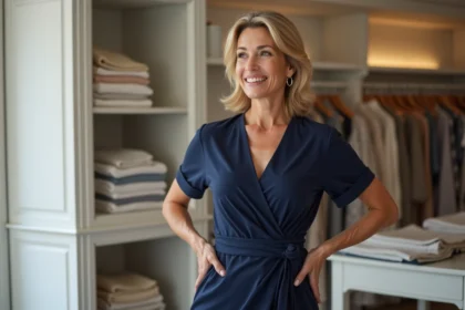 Femme de 40 ans portant une robe moulante bleue marine dans une boutique parisienne, allure confiante et naturelle