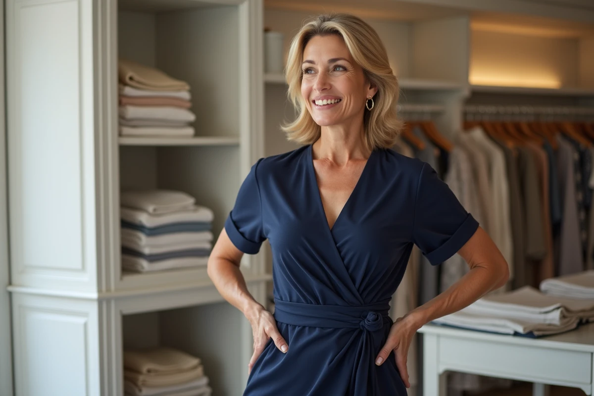 Femme de 40 ans portant une robe moulante bleue marine dans une boutique parisienne, allure confiante et naturelle