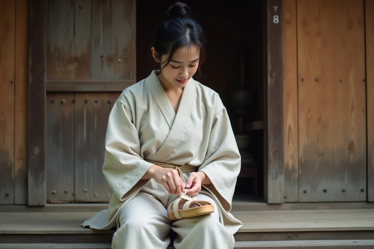 Femme japonaise en yukata de lin réglant la lanière de sa sandale geta en bois sur les marches d'une maison traditionnelle