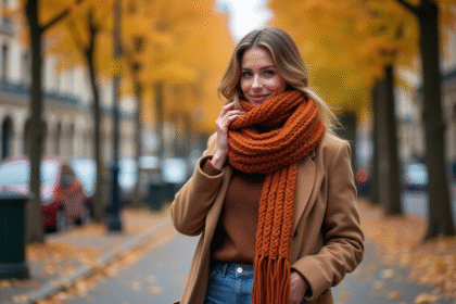 Femme élégante ajustant une écharpe automnale à Paris