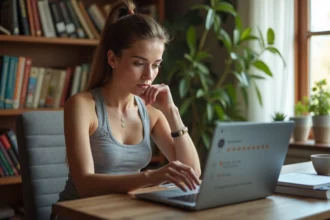 Femme consultant des avis clients en ligne sur un ordinateur portable avant de commander des vêtements de sport Halara